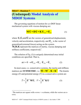 Handout 7 (Undamped) Modal Analysis of MDOF Systems