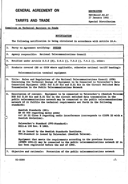GENERAL AGREEMENT on RESTRICTED TBT/Notif.92.27 27 January 1992