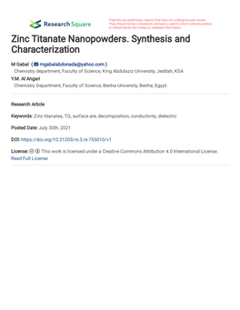 Zinc Titanate Nanopowders. Synthesis and Characterization