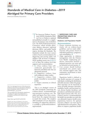 Standards of Medical Care in Diabetes—2019 Abridged for Primary Care Providers American Diabetes Association