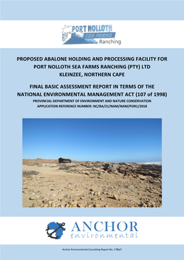 Proposed Abalone Holding and Processing Facility for Port Nolloth Sea Farms Ranching (Pty) Ltd Kleinzee, Northern Cape Final