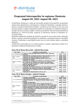 Programul Întreruperilor În Regiunea Muntenia August 02, 2021 August 08, 2021