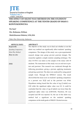 The Effect of Silent Way Method on the Students’ Speaking Competence at the Tenth Grade of Sman 1 Kontukoowuna