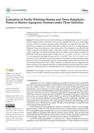 Evaluation of Pacific Whiteleg Shrimp and Three Halophytic Plants