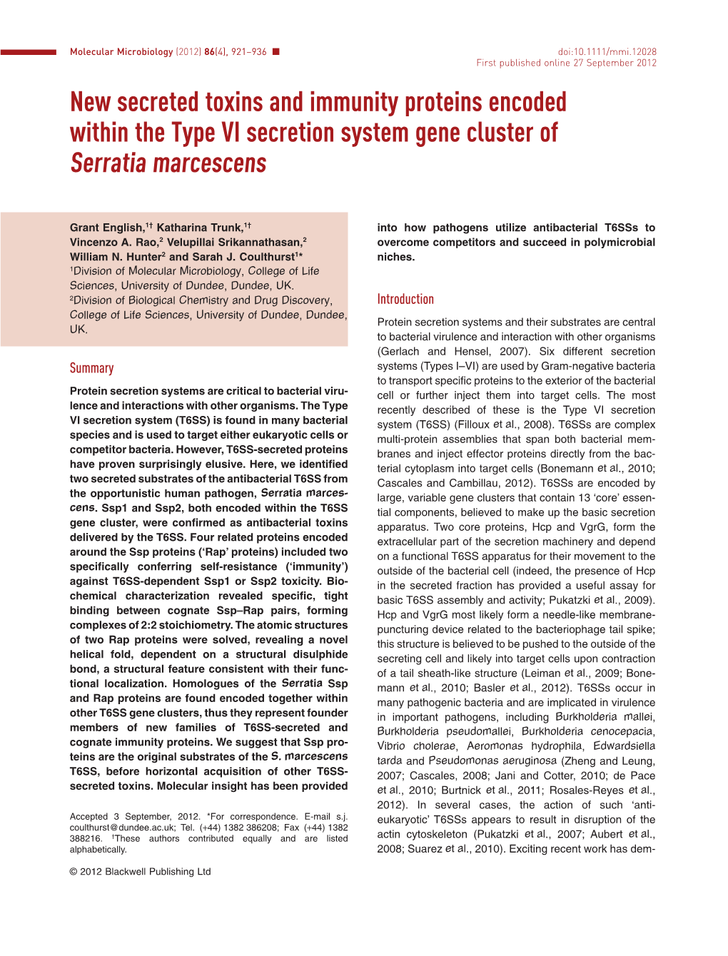 New Secreted Toxins and Immunity Proteins Encoded Within the Type VI Secretion System Gene Cluster of Serratia Marcescens