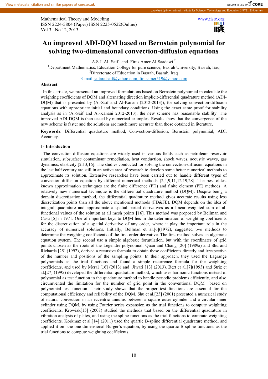 An Improved ADI-DQM Based on Bernstein Polynomial for Solving Two-Dimensional Convection-Diffusion Equations