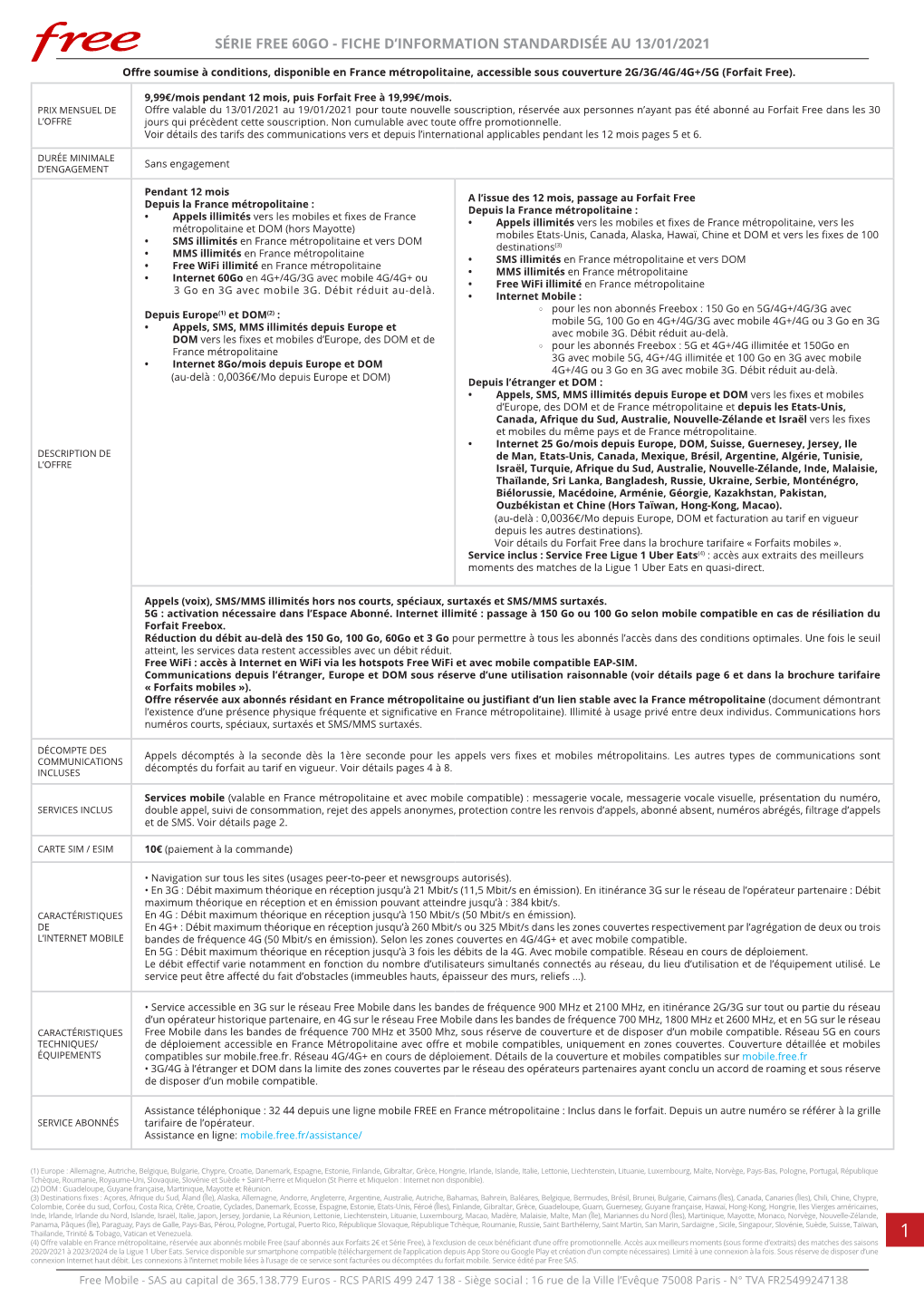 Série Free 60Go - Fiche D’Information Standardisée Au 13/01/2021