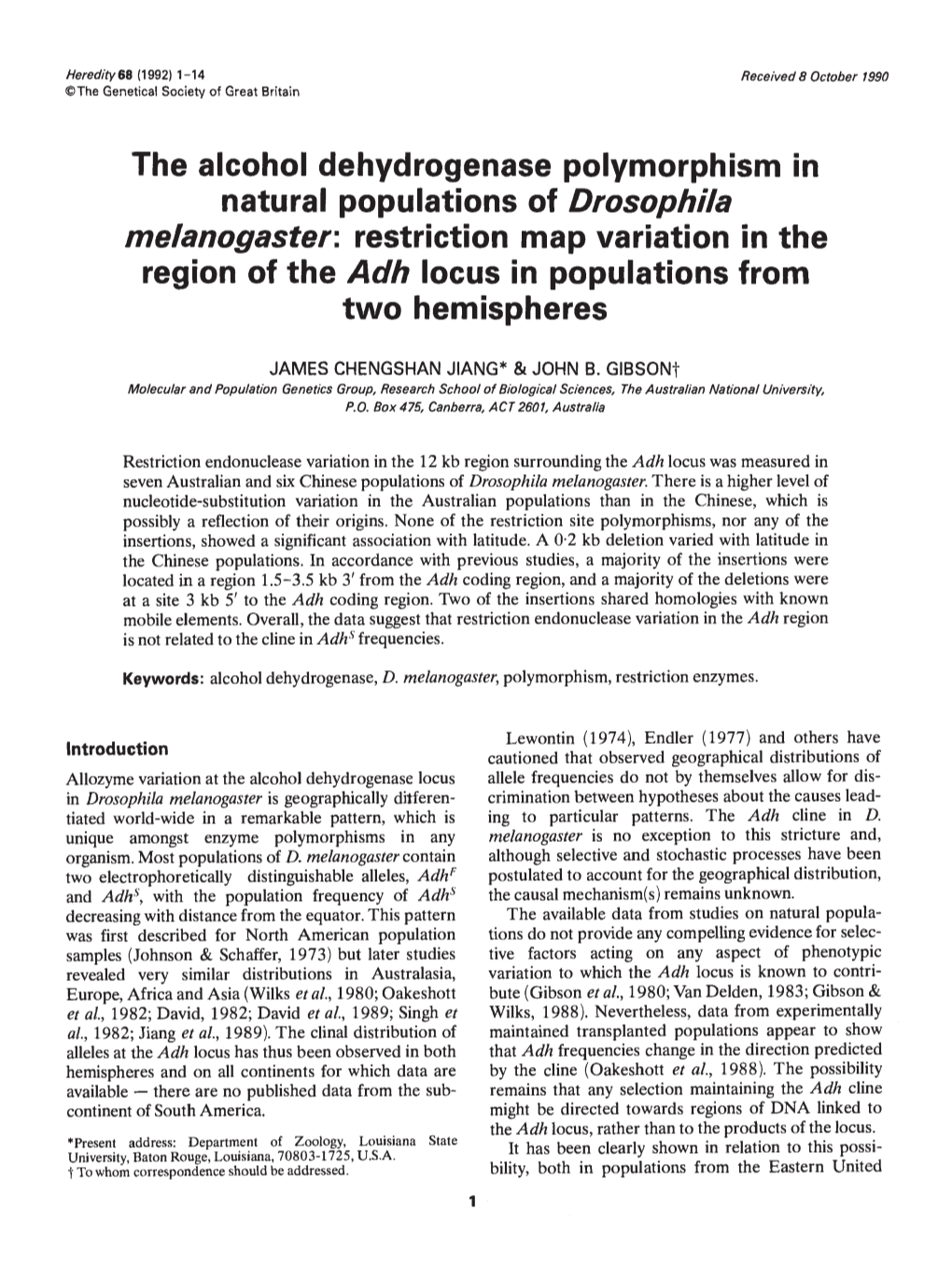 Natural Populations of Drosophila Melanogaster: Restriction Map Variation in the Region of the Adh Locus in Populations from Two Hemispheres