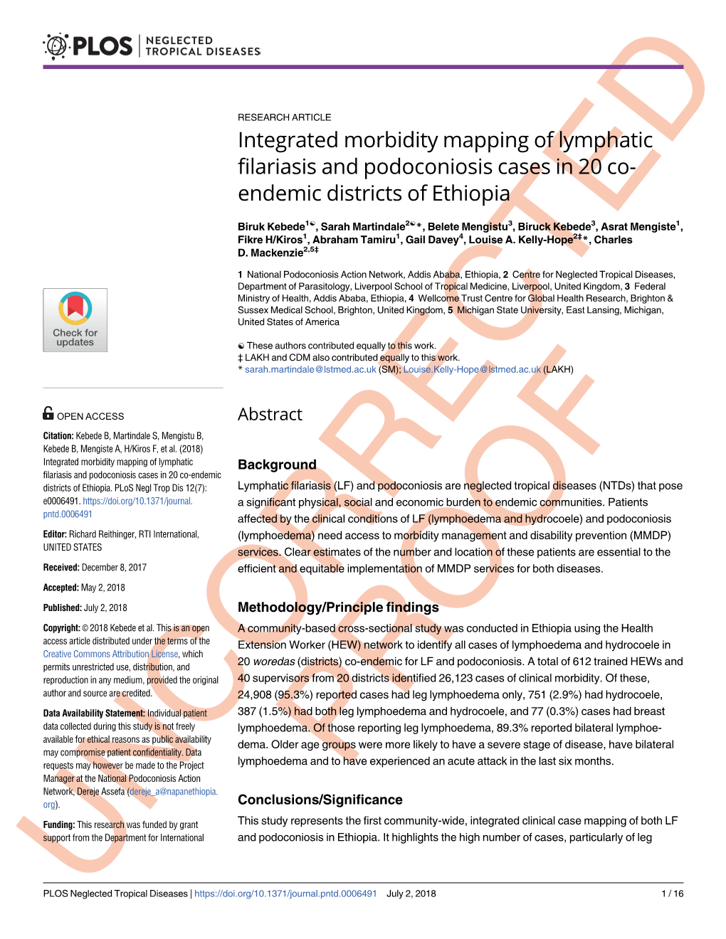 Integrated Morbidity Mapping of Lymphatic Filariasis and Podoconiosis Cases in 20 Co- Endemic Districts of Ethiopia