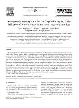 Atmospheric Mercury Data for the Coquimbo Region, Chile: Influence of Mineral Deposits and Metal Recovery Practices