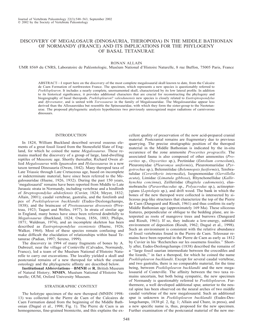 Discovery of Megalosaur (Dinosauria, Theropoda) in the Middle Bathonian of Normandy (France) and Its Implications for the Phylogeny of Basal Tetanurae