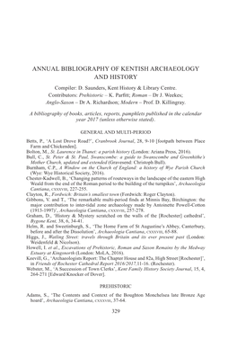 ANNUAL BIBLIOGRAPHY of KENTISH ARCHAEOLOGY and HISTORY Compiler: D