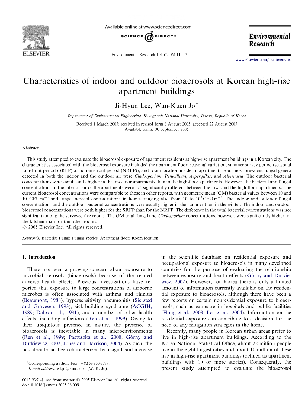 Characteristics of Indoor and Outdoor Bioaerosols at Korean High-Rise Apartment Buildings