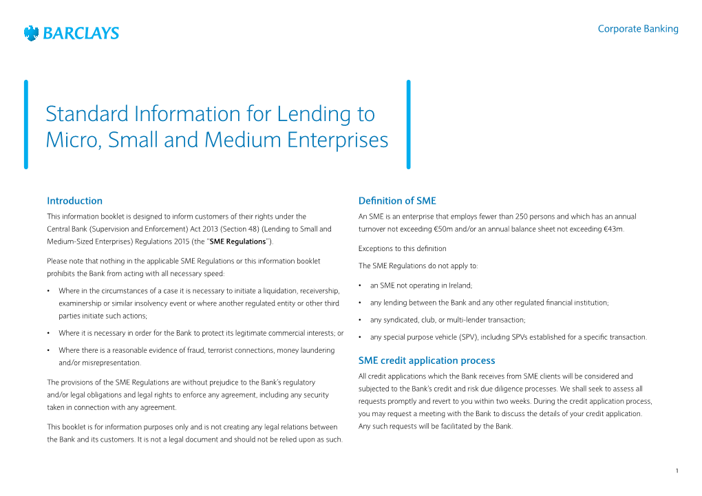Standard Information for Lending to Micro, Small and Medium Enterprises