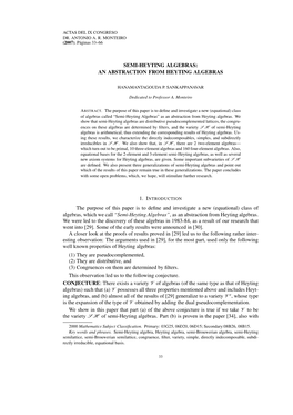 SEMI-HEYTING ALGEBRAS: an ABSTRACTION from HEYTING ALGEBRAS the Purpose of This Paper Is to Define and Investigate a New (Equati