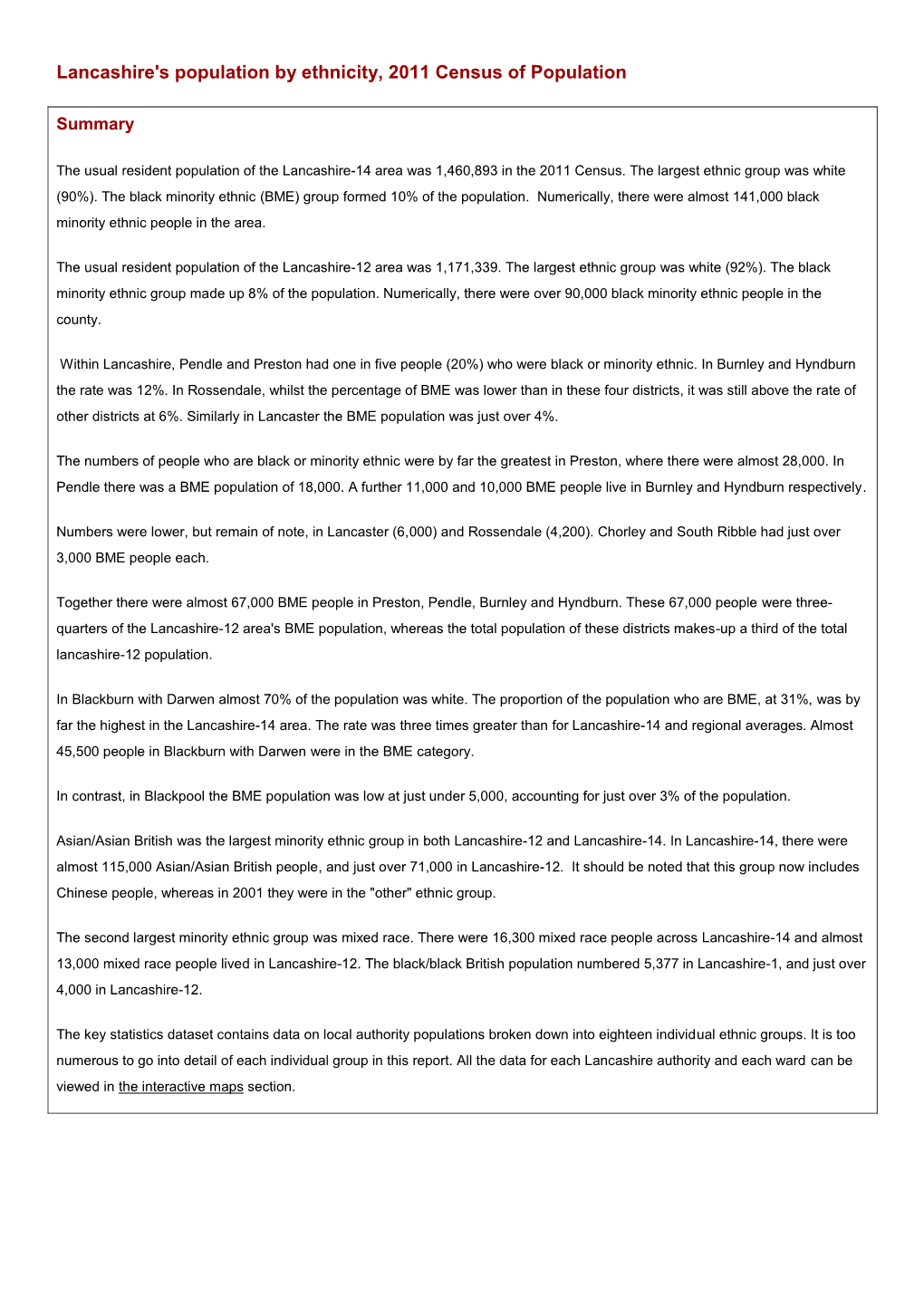 Lancashire's Population by Ethnicity, 2011 Census of Population