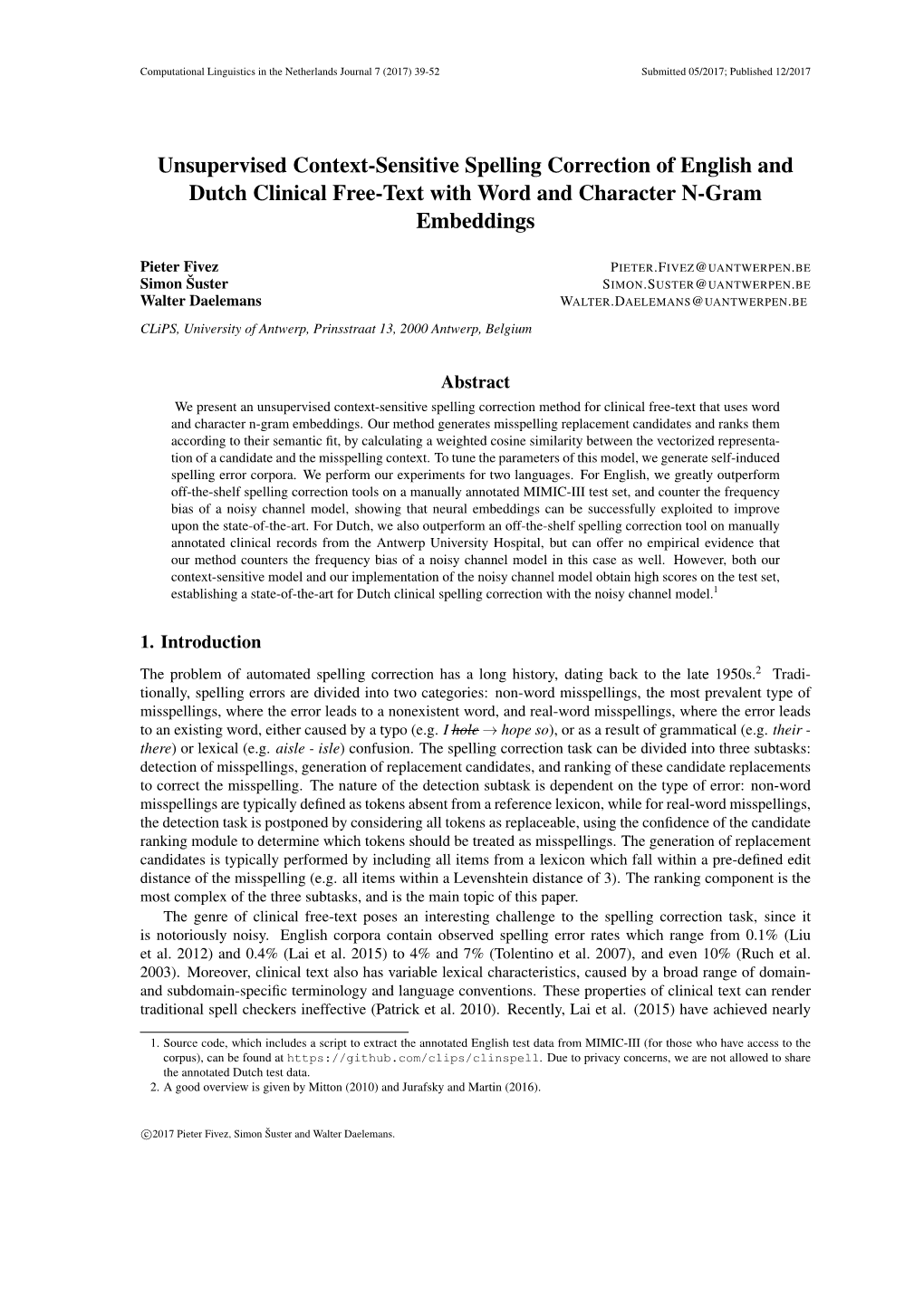 Unsupervised Context-Sensitive Spelling Correction of English and Dutch Clinical Free-Text with Word and Character N-Gram Embeddings