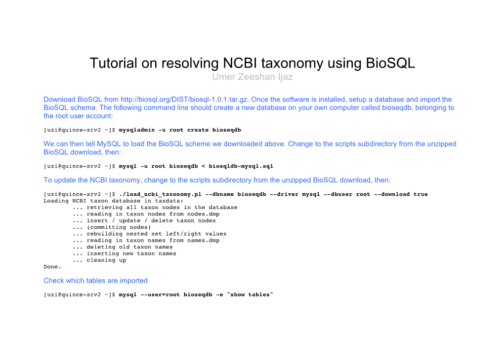 Tutorial on Resolving NCBI Taxonomy Using Biosql Umer Zeeshan Ijaz