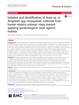 Isolation and Identification of Asaia Sp. in Anopheles Spp. Mosquitoes