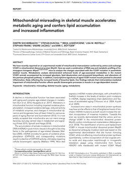 Mitochondrial Misreading in Skeletal Muscle Accelerates Metabolic Aging and Confers Lipid Accumulation and Increased Inflammation