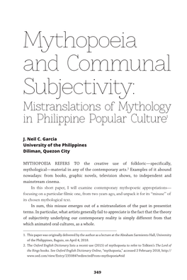 Mythopoeia and Communal Subjectivity: Mistranslations of Mythology in Philippine Popular Culture1