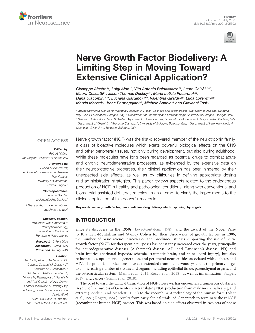 Nerve Growth Factor Biodelivery: a Limiting Step in Moving Toward Extensive Clinical Application?