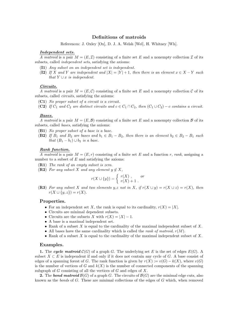 Definitions of Matroids Properties. Examples