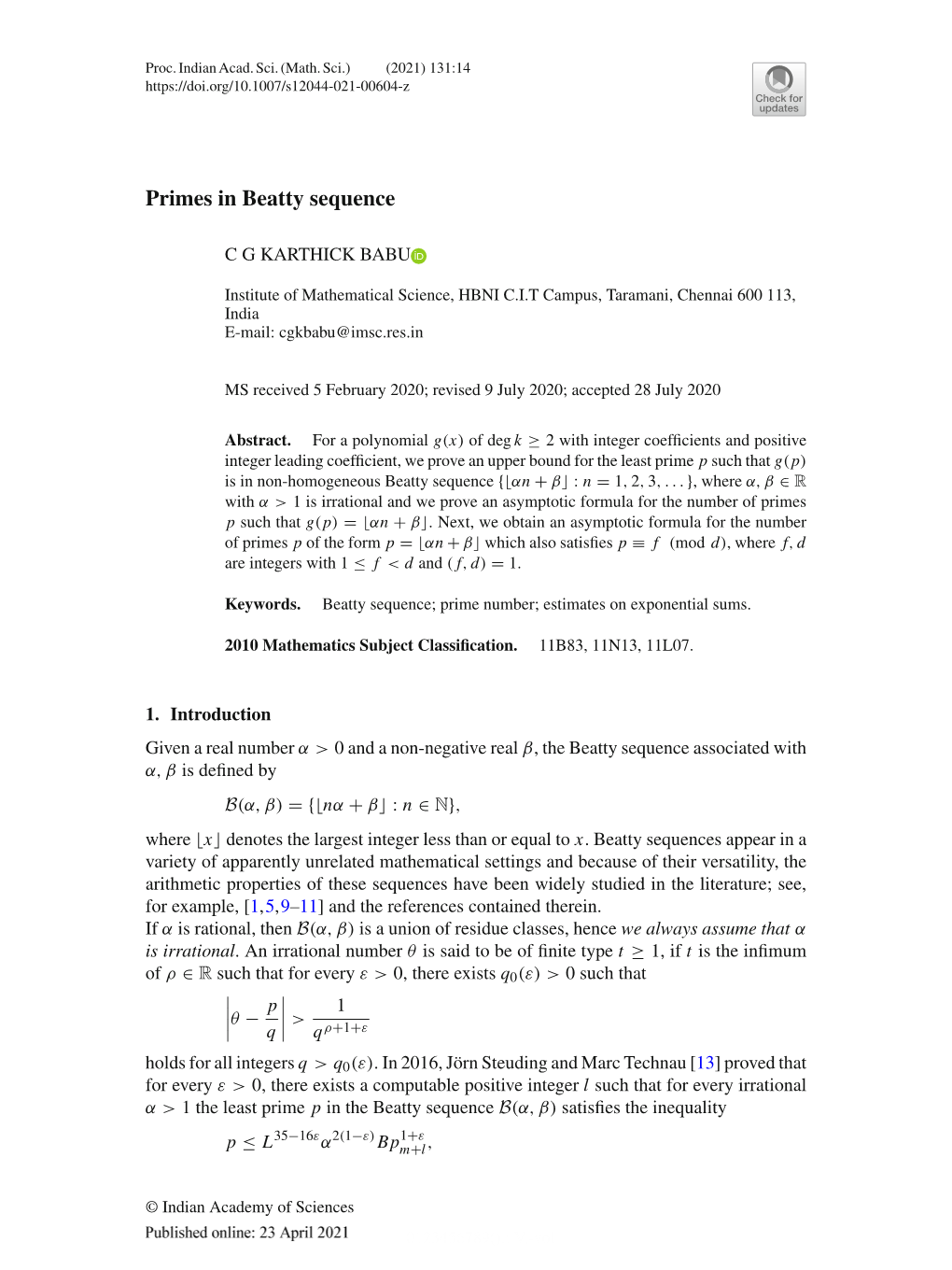 Primes in Beatty Sequence