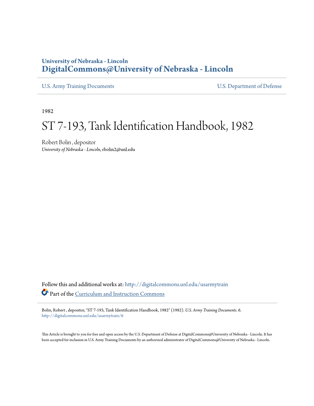 ST 7-193, Tank Identification Handbook, 1982 Robert Bolin , Depositor University of Nebraska - Lincoln, Rbolin2@Unl.Edu