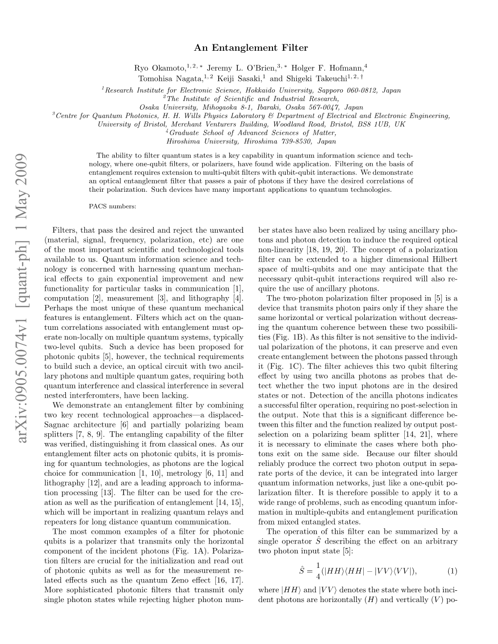 Arxiv:0905.0074V1 [Quant-Ph] 1 May 2009 Igepoo Ttswierjcighge Htnnum- Photon Only Higher 17]