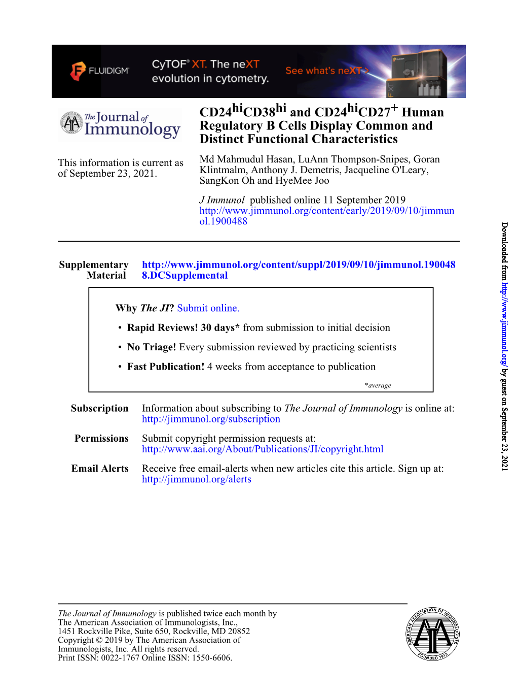 Cd24hicd38hi And Cd24hicd27+ Human Regulatory B Cells Display Common ...