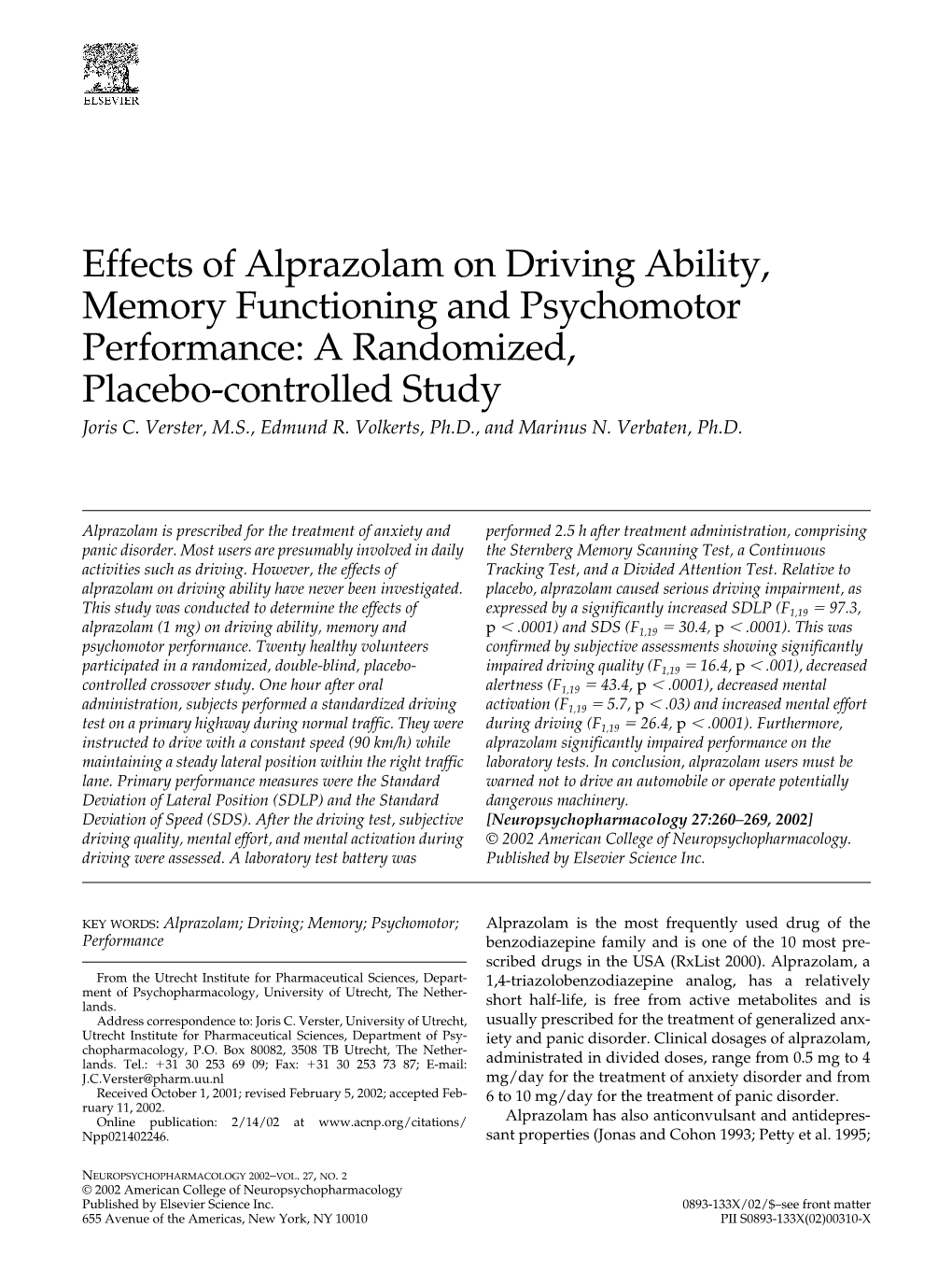 Effects of Alprazolam on Driving Ability, Memory Functioning and Psychomotor Performance: a Randomized, Placebo-Controlled Study Joris C