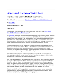 Aspers and Harper, a Toried Love Ties That Bind Canwest to the Conservatives
