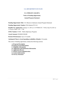 U.S. DEPARTMENT of STATE U.S. EMBASSY JAKARTA Notice of Funding Opportunity Annual Program Statement Funding Opportunity Title