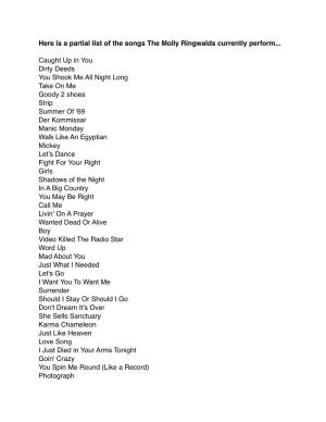 Molly Ringwalds Song List