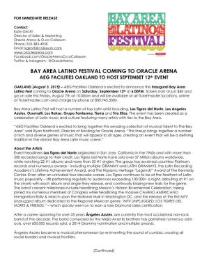 BAY AREA LATINO FESTIVAL COMING to ORACLE ARENA AEG FACILITIES OAKLAND to HOST SEPTEMBET 12Th EVENT