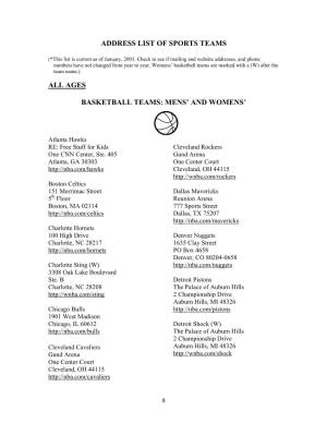 Address List of Sports Teams All Ages Basketball Teams: Mens