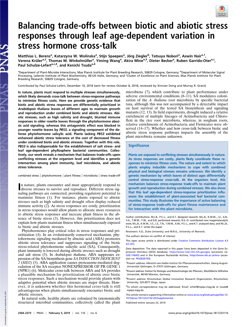 Balancing Trade-Offs Between Biotic and Abiotic Stress Responses Through Leaf Age-Dependent Variation in Stress Hormone Cross-Talk