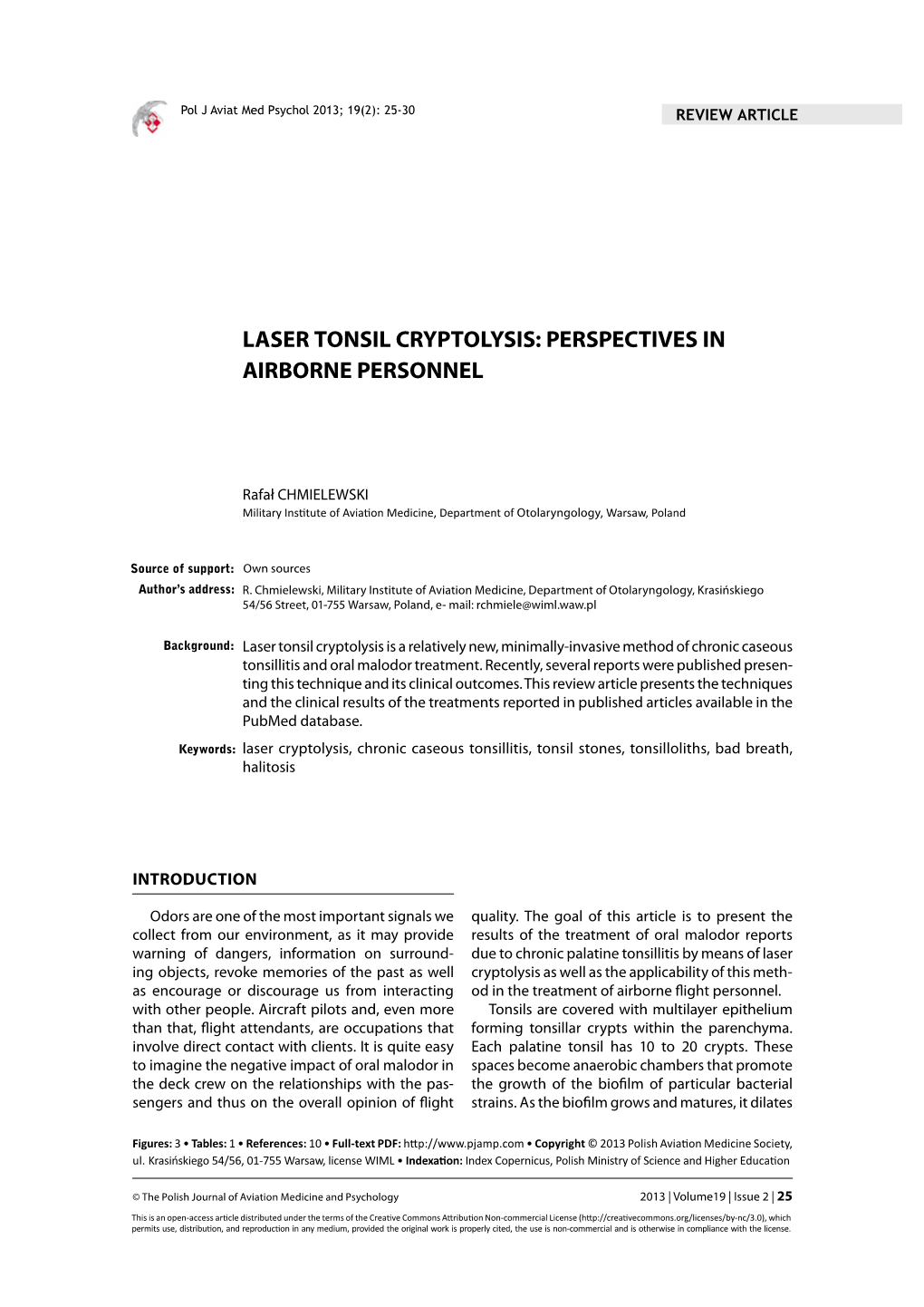 Laser Tonsil Cryptolysis: Perspectives in Airborne Personnel