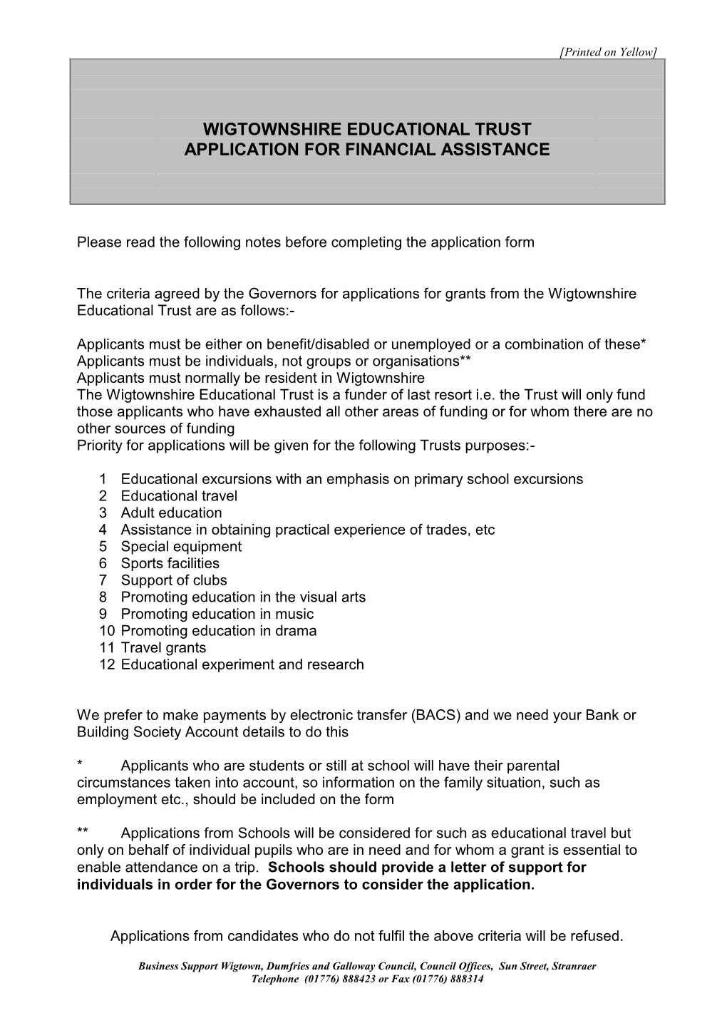 Wigtownshire Educational Trust Application for Financial Assistance