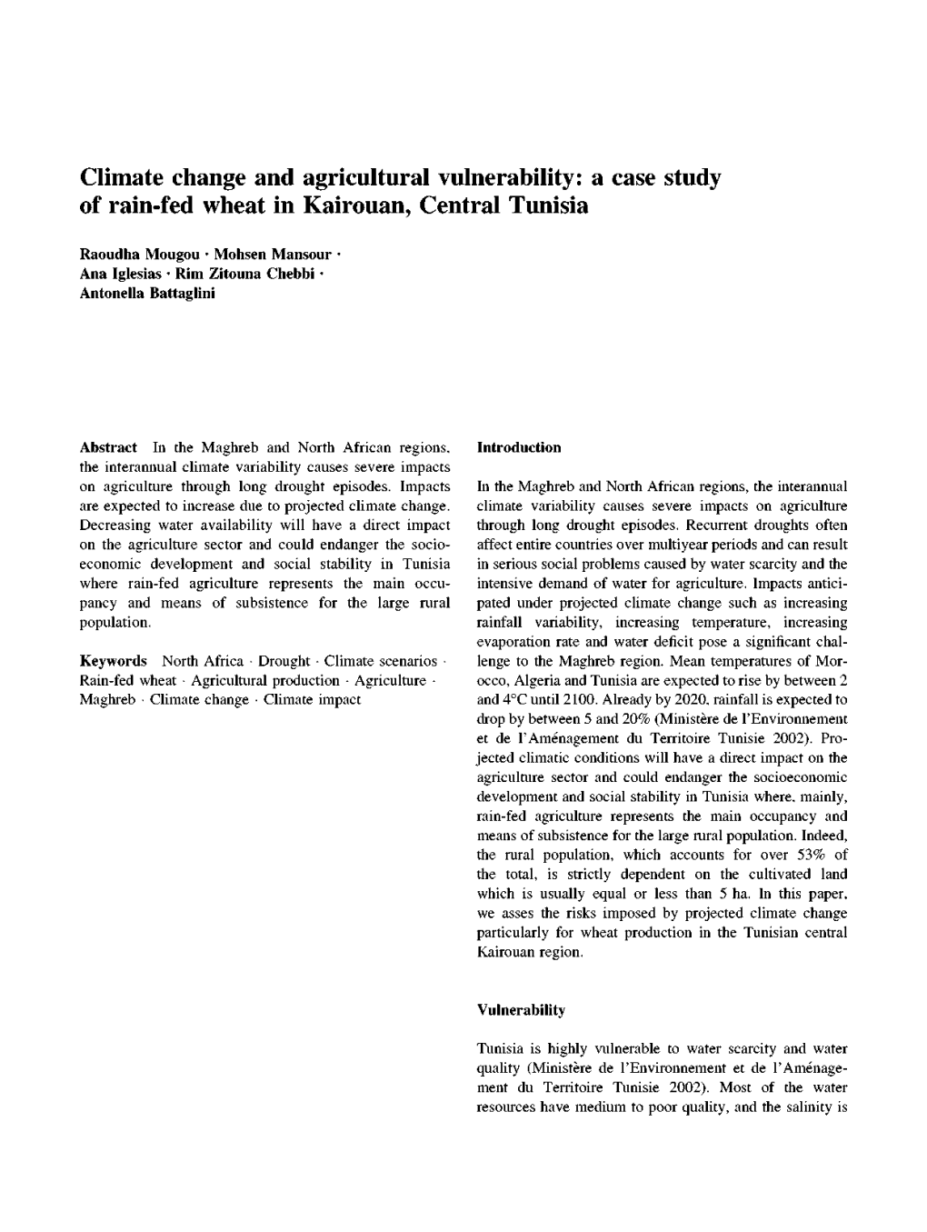 Climate Change and Agricultural Vulnerability: a Case Study of Rain-Fed Wheat in Kairouan, Central Tunisia