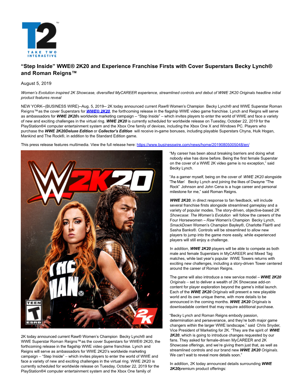 WWE® 2K20 and Experience Franchise Firsts with Cover Superstars Becky Lynch® and Roman Reigns™