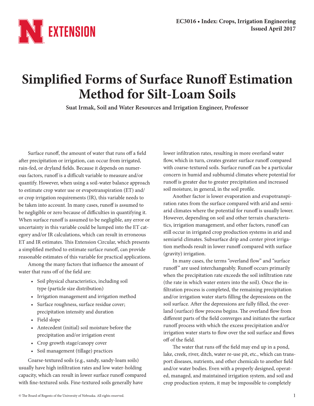 Simplified Forms of Surface Runoff Estimation Method for Silt- Loam Soils