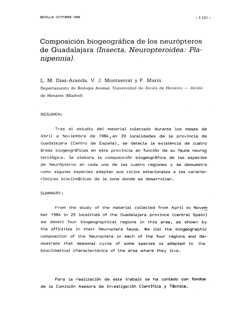 Composición Biogeográfica De Los Neurópteros De Guadalajara (Insecta, Neuropteroidea: Pla­ Nipennia)