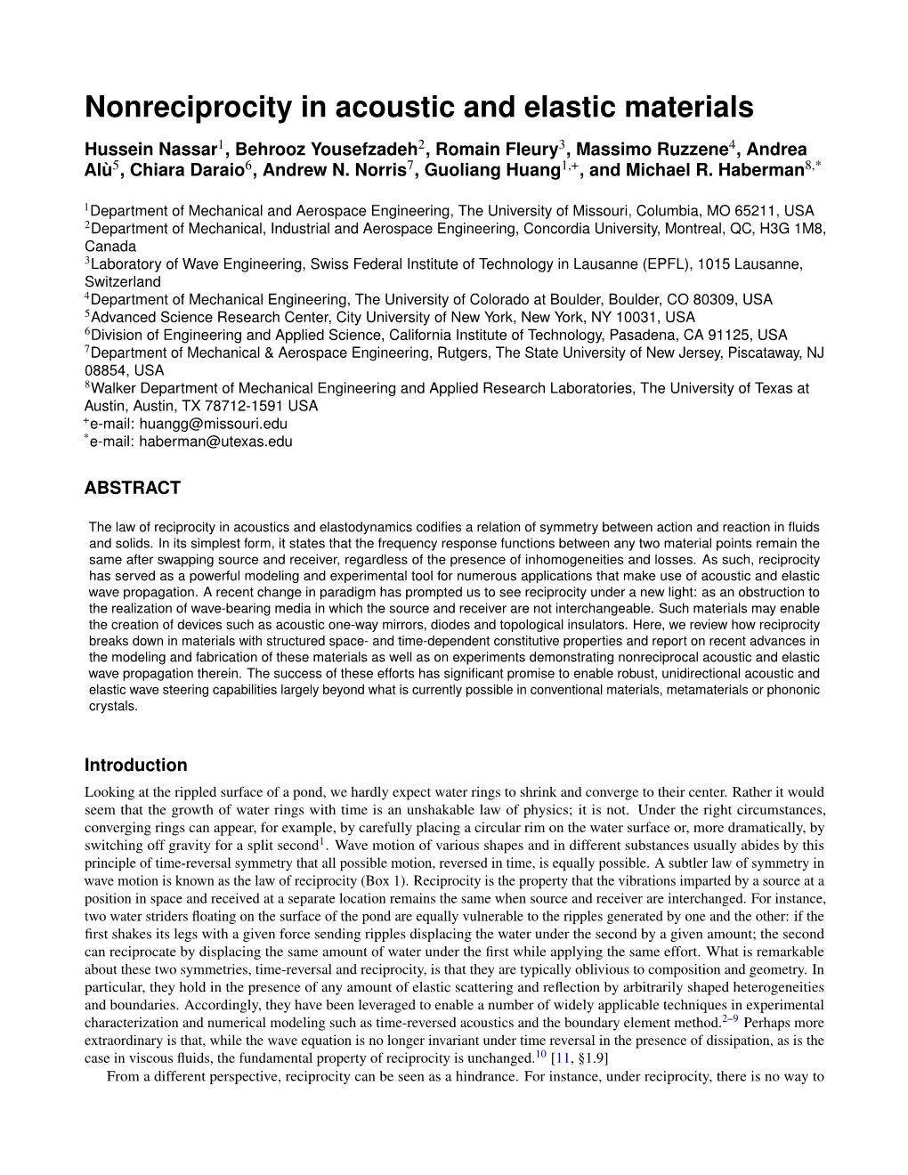 Nonreciprocity in Acoustic and Elastic Materials