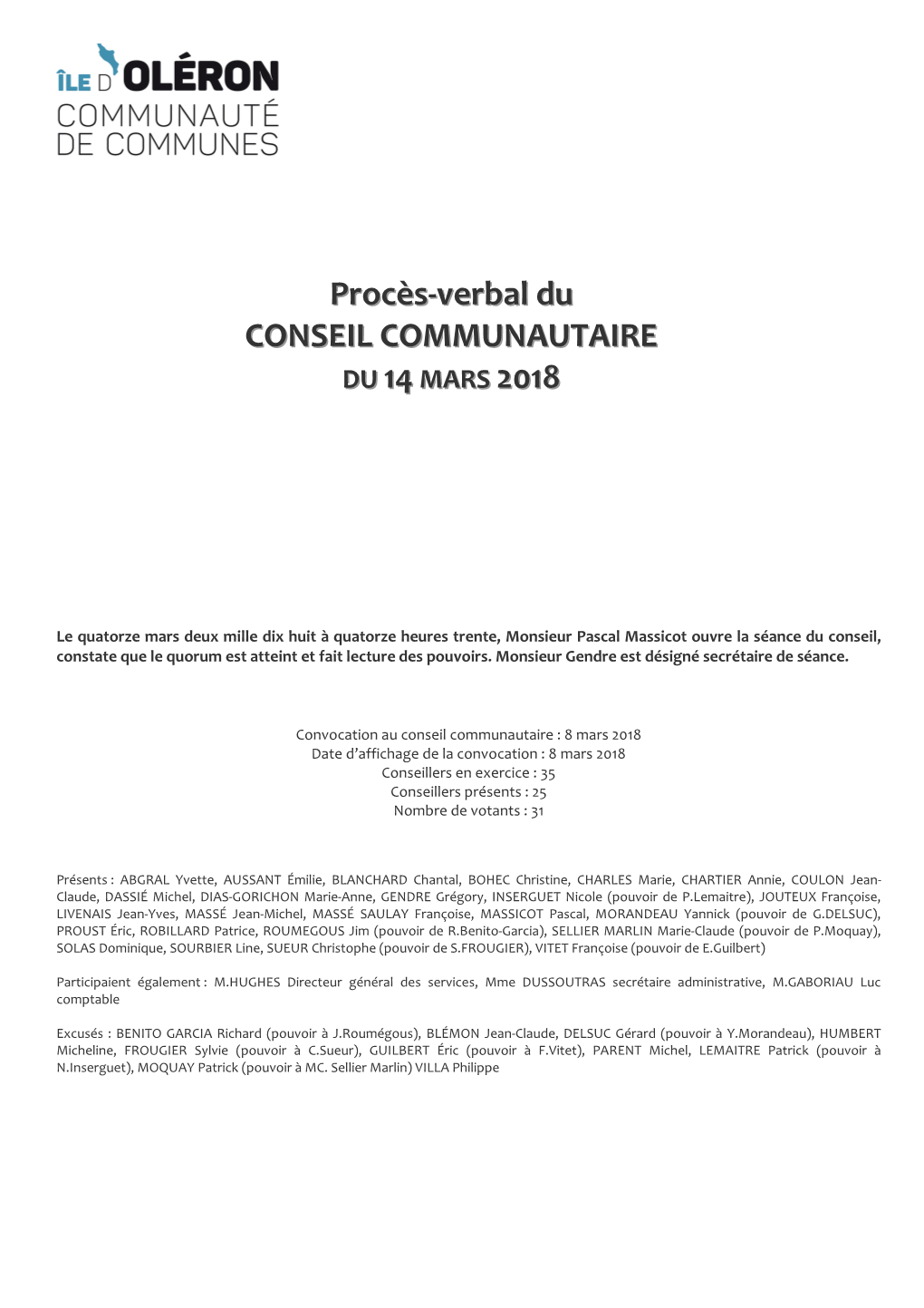 Procès-Verbal Du CONSEIL COMMUNAUTAIRE 2018