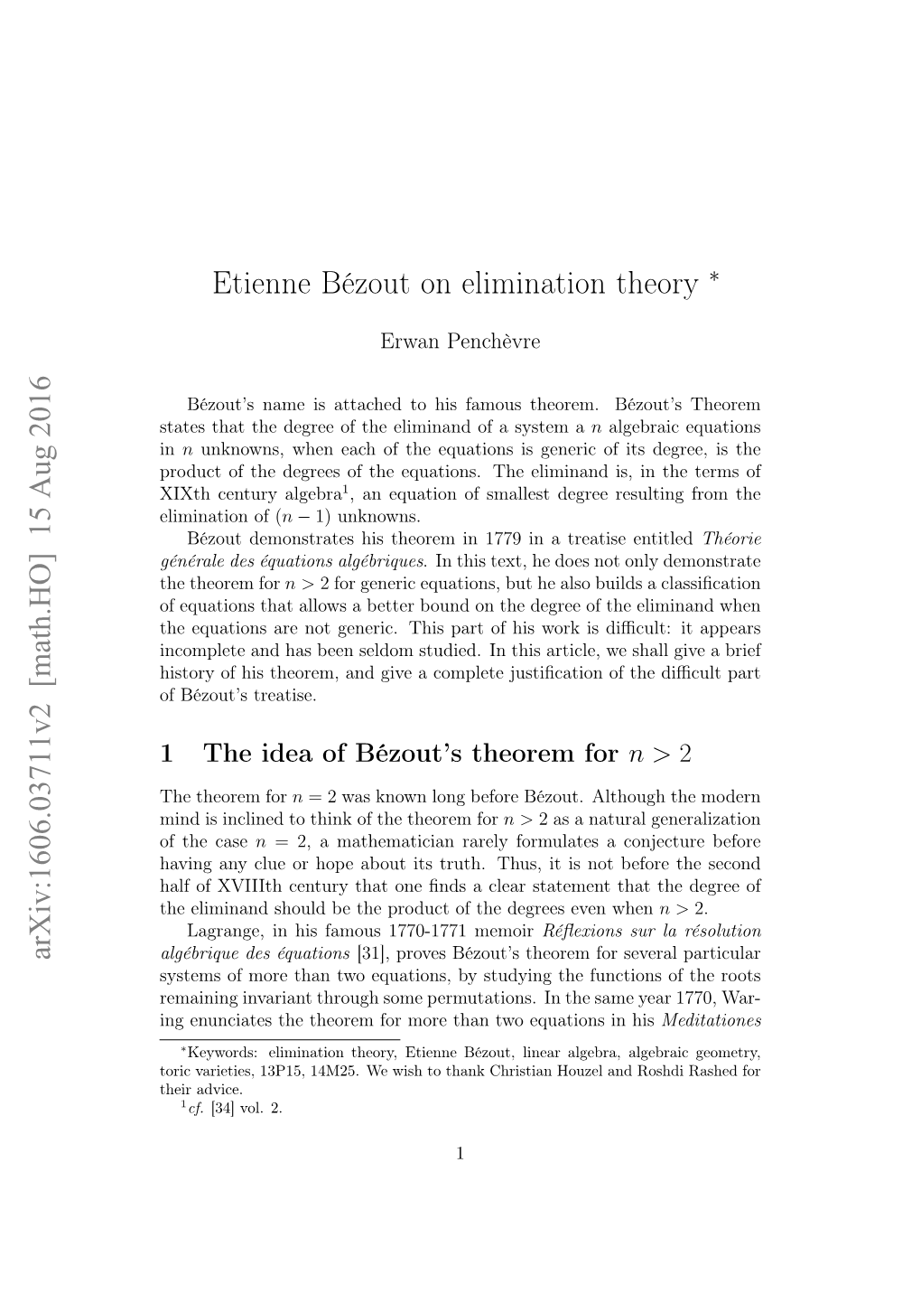 Etienne Bézout on Elimination Theory Arxiv:1606.03711V2 [Math.HO] 15