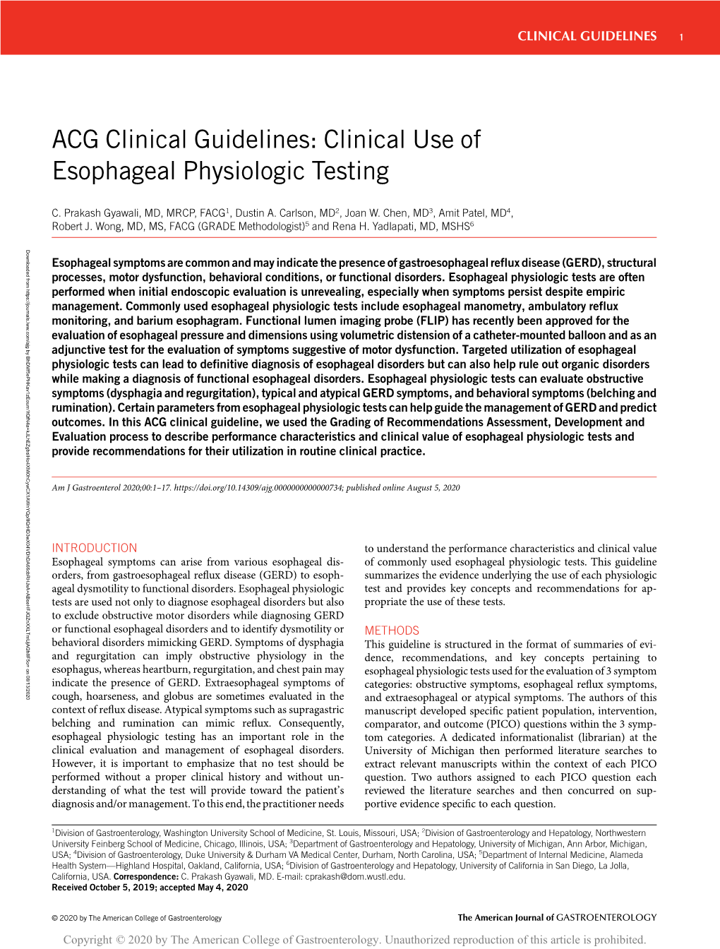 ACG Clinical Guidelines: Clinical Use of Esophageal Physiologic Testing