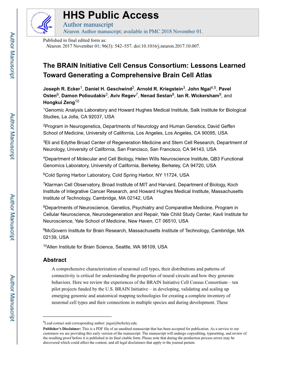 The BRAIN Initiative Cell Census Consortium: Lessons Learned Toward Generating a Comprehensive Brain Cell Atlas