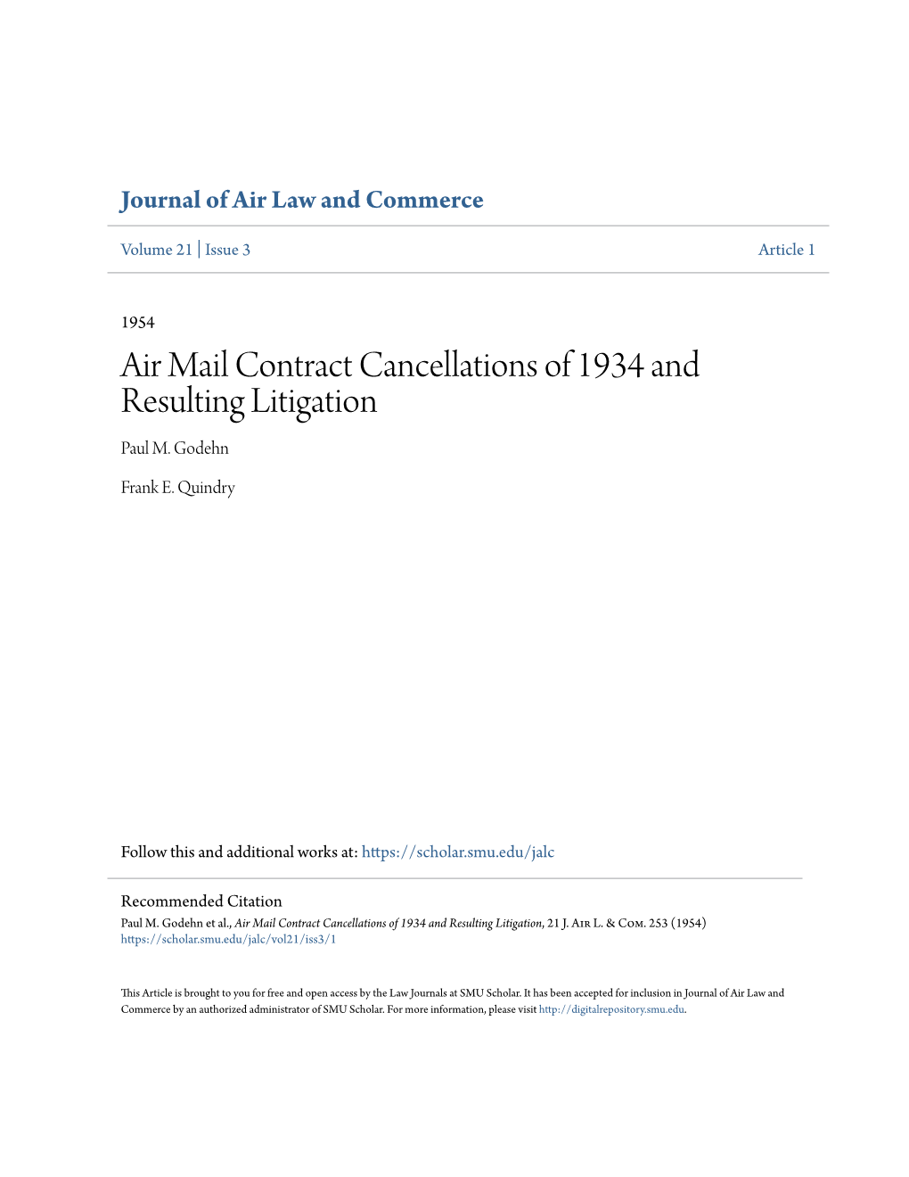 Air Mail Contract Cancellations of 1934 and Resulting Litigation Paul M